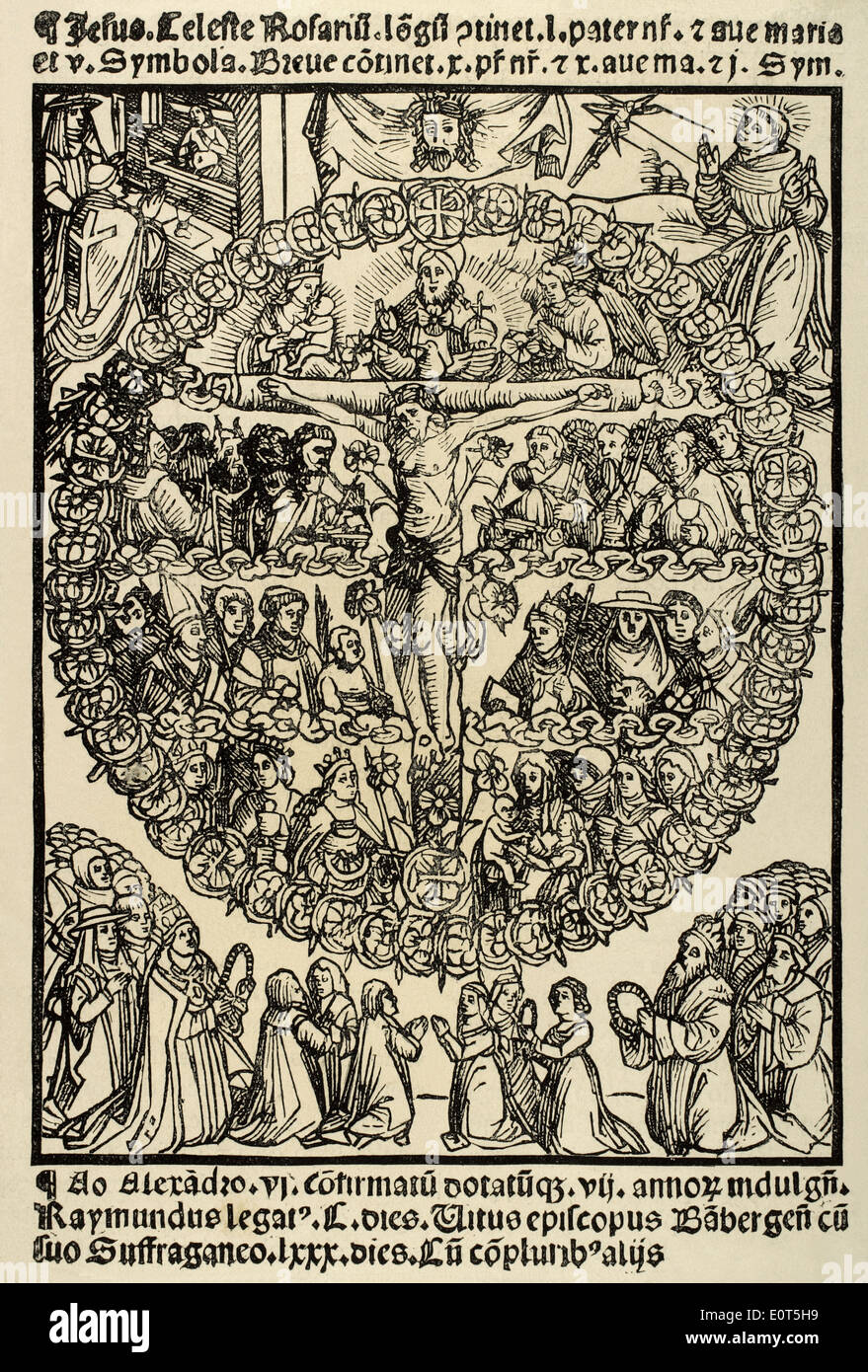 Faksimile der Gravur von Rosarium Celestis Curie et Patrie Triumphantis. Von Jakob Locher (1471-1528). Stockfoto