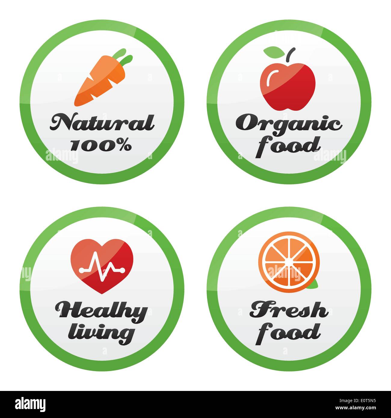 Bio-Lebensmittel, frische und natürliche Produkte Symbole auf grünen Schaltflächen Stock Vektor