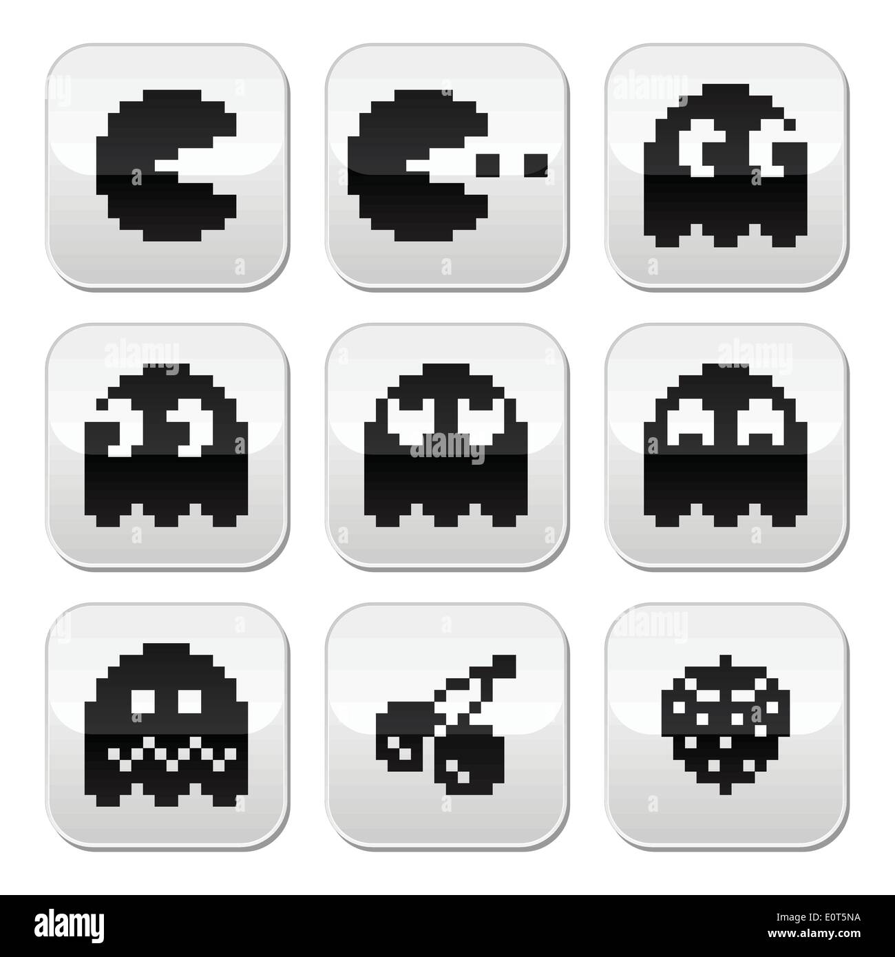 Pacman, Geister, 8 Bit Retro-Spielknöpfe gesetzt Stock Vektor