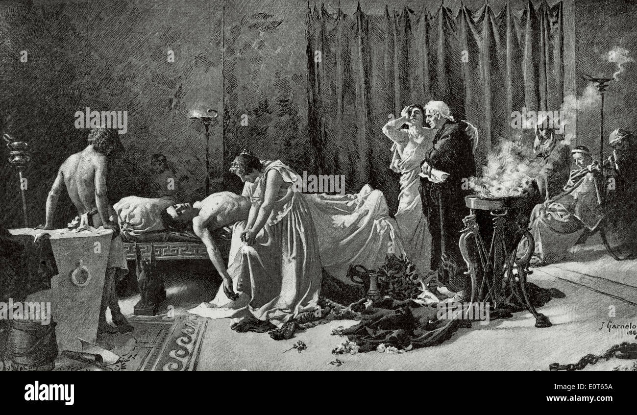 Marcus Annaeus Lucanus (39-65 n. Chr.). Römische Dichter. Tod des Lucan. Kupferstich von Waloy. Die iberischen Illustration, 1888. Stockfoto