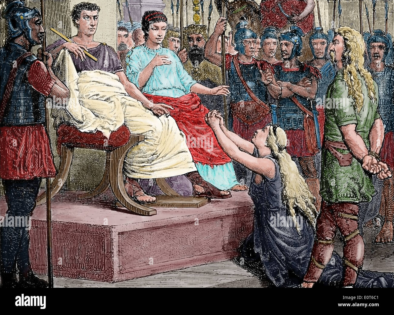 Caractacus (britischer Häuptling des Stammes Catuvellaunen) vor dem Kaiser Claudius in Rom. Engraving.Color. Stockfoto