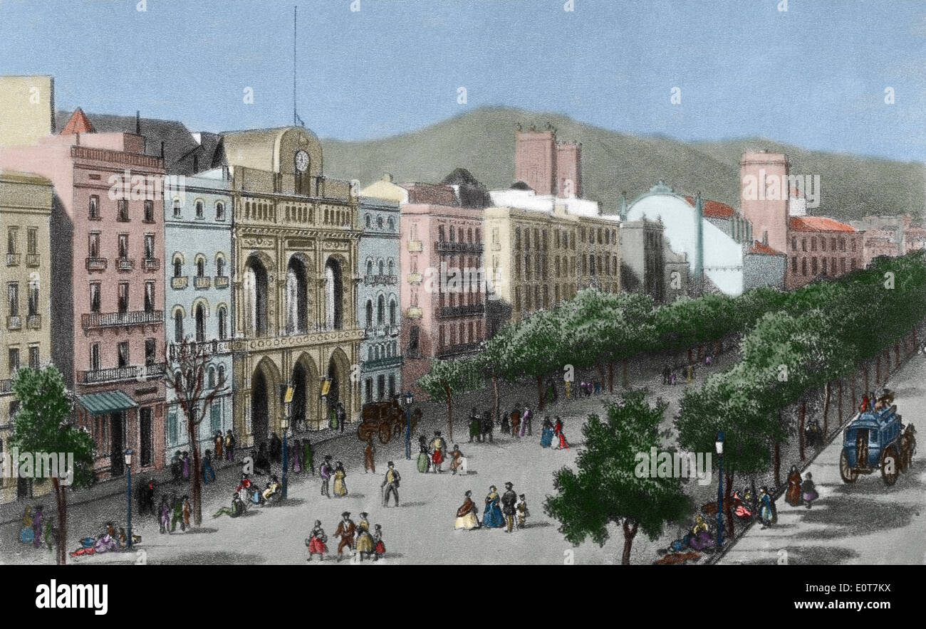 Spanien. Katalonien. Barcelona. Las Ramblas und dem Opernhaus Liceu vor seinem Feuer im Jahre 1861. Gravur. Farbige. Stockfoto