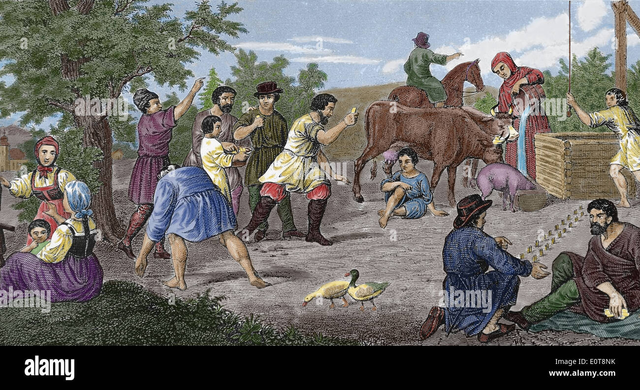 Geschichte. Ländliche Gesellschaft. Russische ländliche Spiele. des 19. Jahrhunderts. Gravur. (Spätere Färbung). Stockfoto