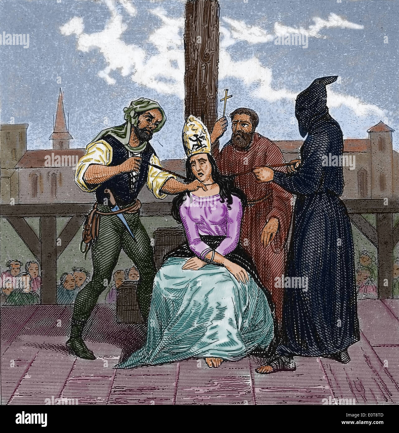 Geschichte. Europa. Hexenjagd. Frauen als Hexen verurteilt. Gravur. (Spätere Färbung). des 19. Jahrhunderts. Stockfoto