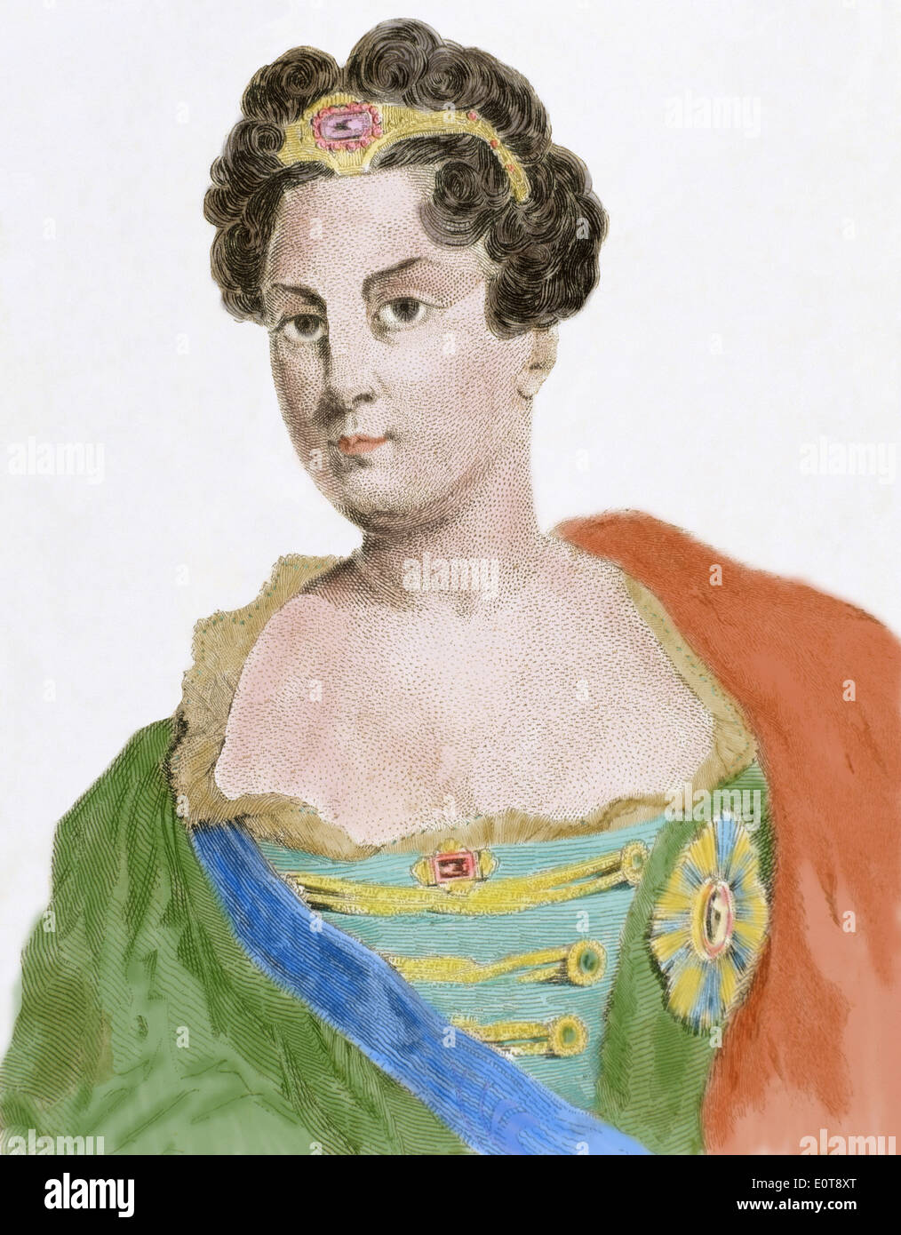 Katharina i. von Russland (1684-1727). Zweite Ehefrau von Peter i. von Russland. Porträt. Gravur. Farbige. Stockfoto