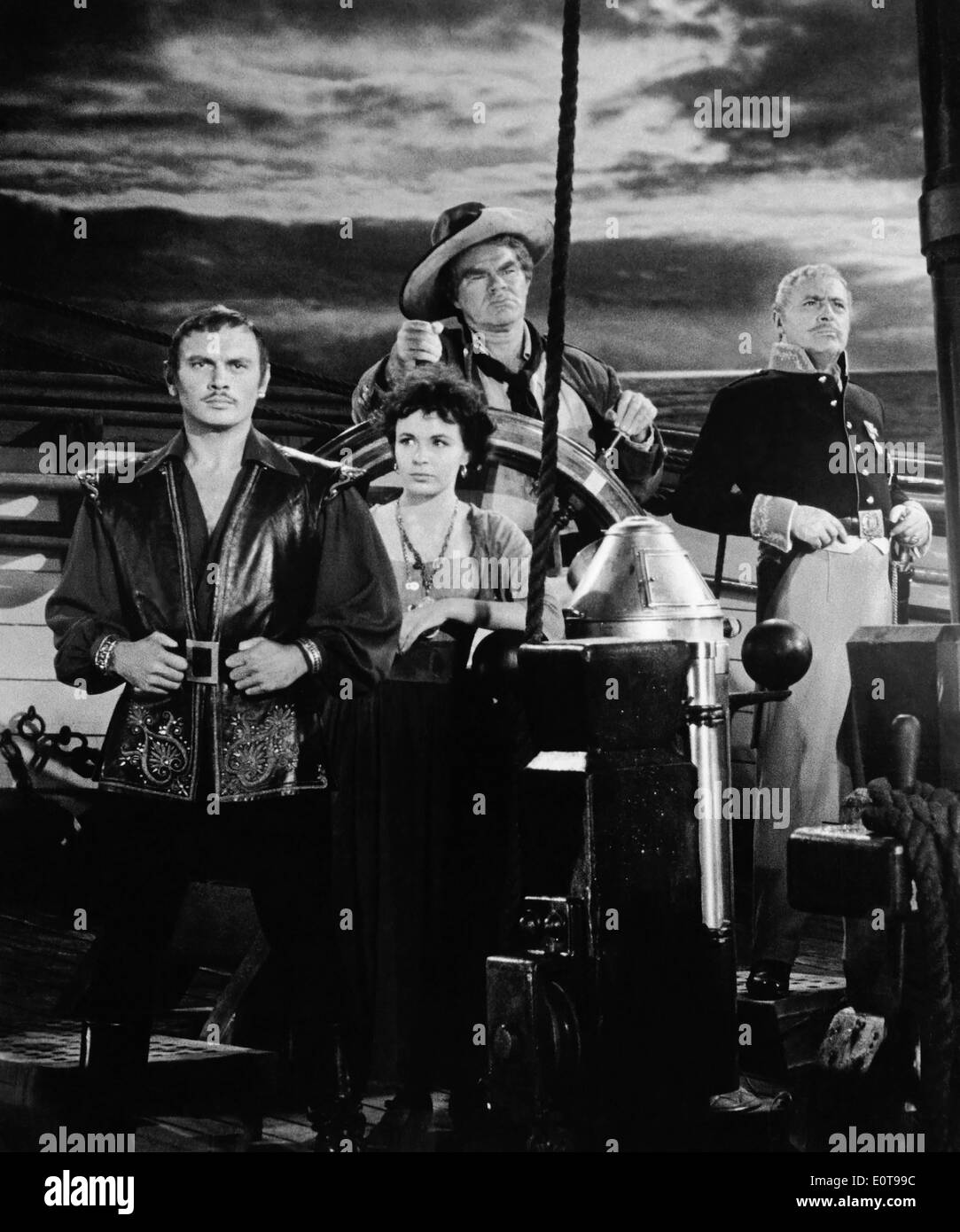 Yul Brynner, Claire Bloom, George Mathews, Charles Boyer, am Set des Films "Buccaneer", 1958 Stockfoto