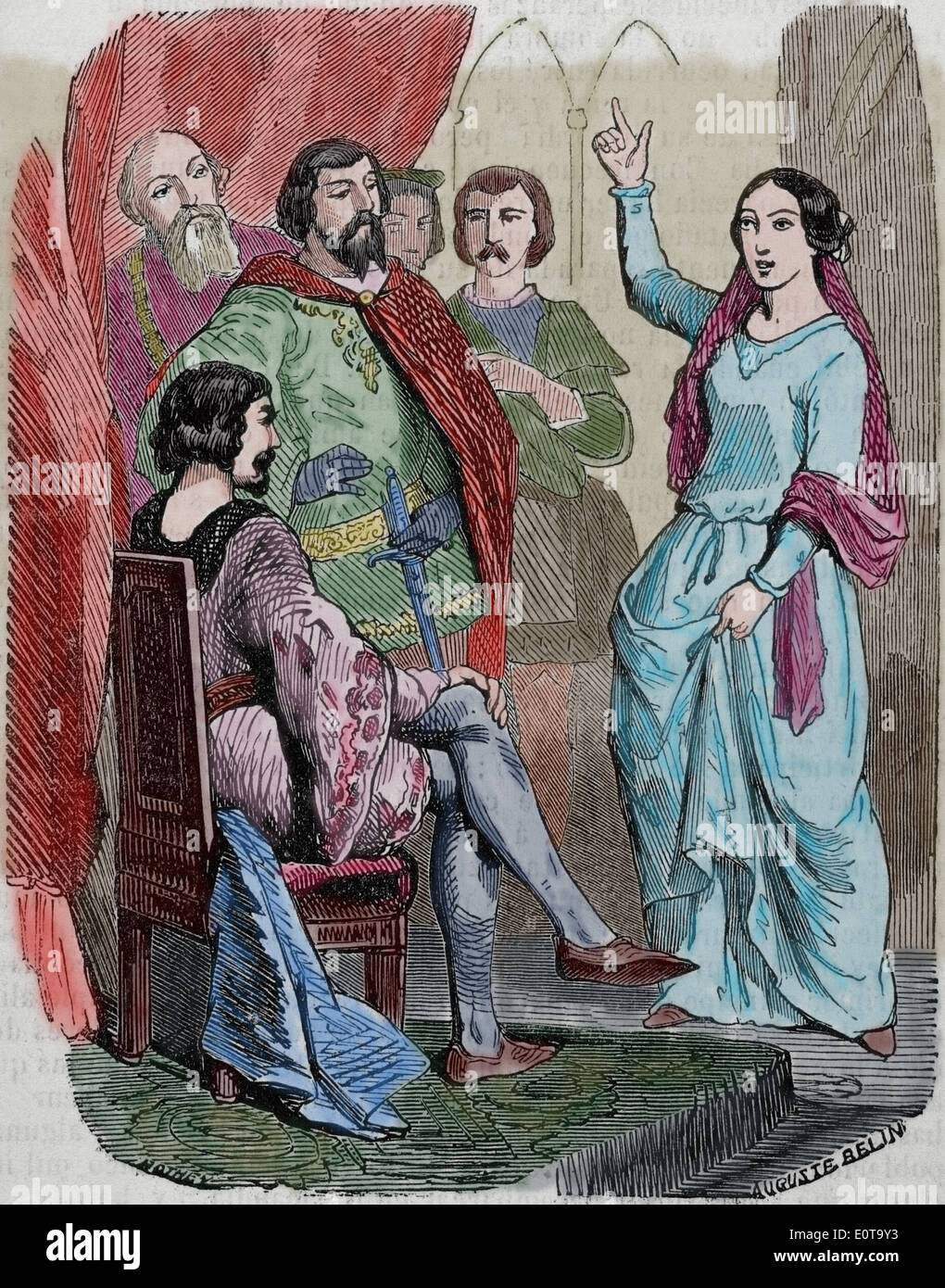 Jeanne d ' Arc (1412-1431) und Charles VII von Frankreich. Kupferstich von A. Belin. Farbige. Stockfoto