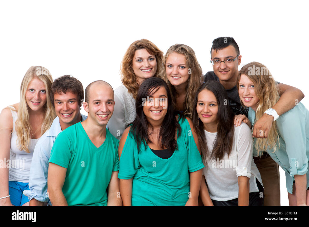 Gruppenbild von jungen Studenten isoliert auf weißem Hintergrund. Stockfoto