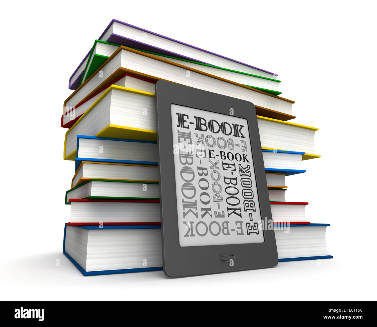 3D Render des Lesers von Bücher und e-Book auf weißem Hintergrund Stockfoto