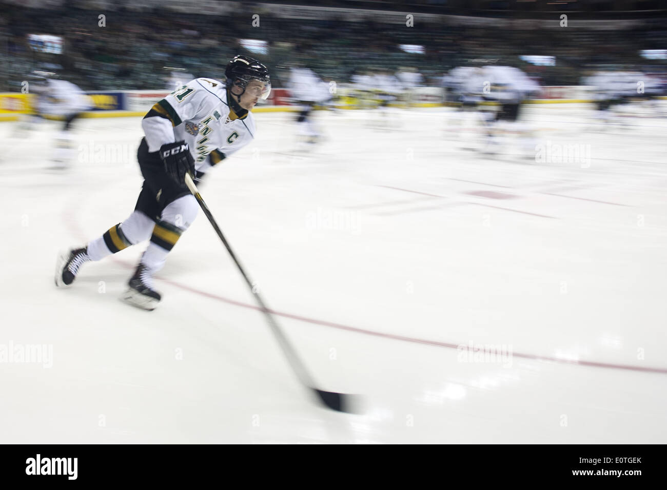 London, Ontario, Kanada. 18. Mai 2014. London Knights Kapitän Chris Tierney Schlittschuhe während dem Aufwärmen vor ihrem Spiel gegen Edmonton Oil Kings am Memorial Cup in London Ontario, am 19. Mai 2014. Edmonton besiegten Ritter 5-2 Verbesserung ihren Rekord auf 1-1, während die Host-Ritter auf 0-2 fallen. Bildnachweis: Mark Spowart/Alamy Live-Nachrichten Stockfoto