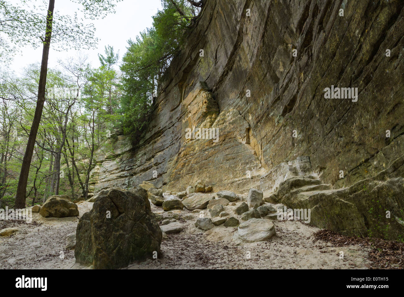 großen Sandsteinfelsen mit Felsen, die in der Vergangenheit verwandelt sich in Pulver auf dem Boden, St Louis State Park Illinois gefallen sind Stockfoto