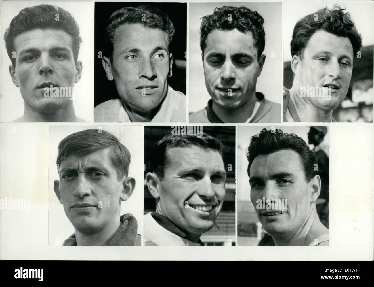 18. August 1960 - erste Reihe, von links nach rechts: Michel Maquet, Speer; Syroviatsky, Speer; Brakcht, Weitsprung; und Husson, Hammerwurf. Zweite Reihe, von links nach rechts: Lagorce, 4x100m Staffel; Battista, Dreisprung; und Fournier, Hochsprung. Stockfoto