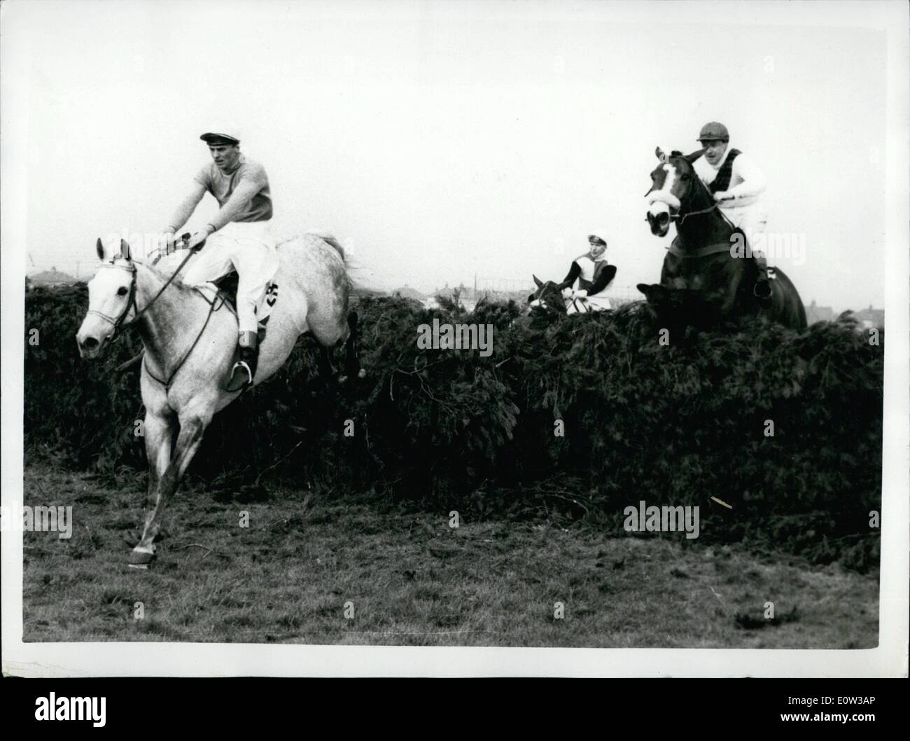 3. März 1961 - gewinnt '' Nicolaus Silber '' Grand National... First-zweiter und Dritter - unter letzten Zaun: die 1961 Grand National gewann heute Nachmittag in Aintree von Nicolaus Silver '''' (H.Beasley) mit '' Merryman II''(D.Ancil) zweiten und dritten Platz '' O'Malley Point'' (P.A.Farrell)... Bild zeigt: Der Sieger '' Nicolaus Silber '' nimmt den letzten Zaun Shead '' Merryman II '', die im zweiten - mit dritten Platz-'' O'Malley Punkt '' in Aintree heute Nachmittag gekommen. Stockfoto