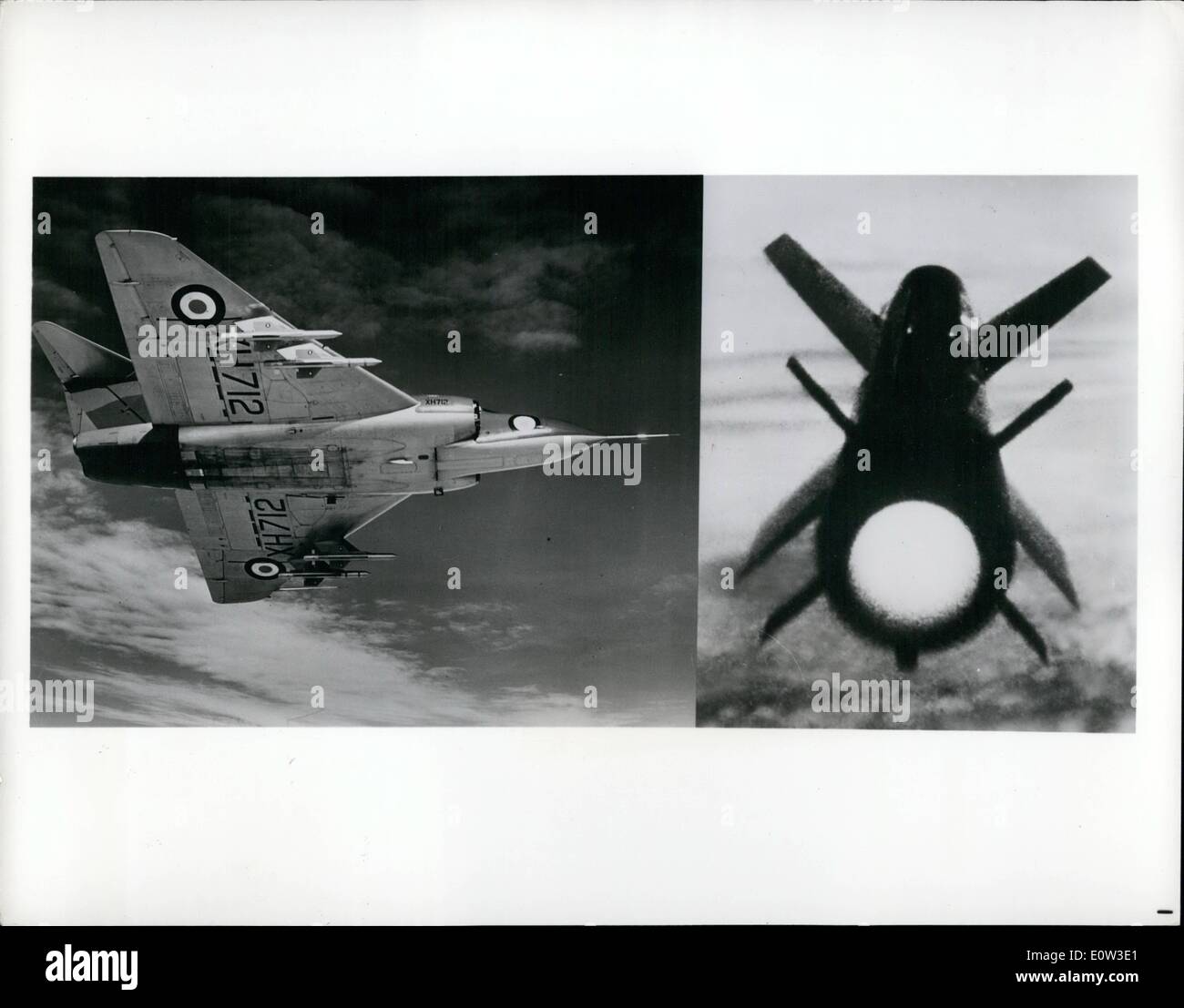 5. Mai 1961 - feurige Firestreak und die fliegende Plattform. Zwei Fotografien zeigen die de Havilland Firestreak, Infrarot-Ziel homing Waffe der britischen Royal Air Force und Royal Navy, und eines der Hubarbeitsbühnen, von dem aus es gestartet ist. Links: Vier Firestreaks unter den Flügeln eine Gloster Javelin, Deltaflügel Twin Jet R.A.F Allwetterjäger. Rechts: Höhen-Nahaufnahme von einem Flügel-angebrachte Kamera der Find-It-yourself-Rakete ab, sofort nach dem Brand zu beschleunigen. Mai 1961 Stockfoto