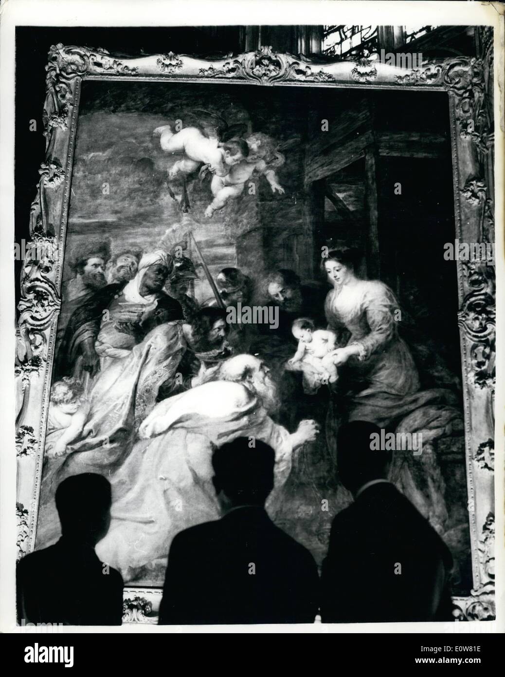 11. November 1961 - Ruben's '' Anbetung von der Maggi'' in der Kapelle des King es College - Cambridge installiert. Ist eines der weltweit wertvollsten Gemälde der 75.000 '' Anbetung von der Maggi "- von Rubens - ist jetzt in einem temporären Platz in Kings College, Cambridge. Für seine Reise in die Kapelle - aus London - wurde das Gemälde in einer Plastikhülle und Holzgehäuse, befestigt an einem Stahlrohrgestelle ummantelt. 12fr. 9 ft.-Gemälde, Cambridge University Major Alfred Allnatt, Bauunternehmer London präsentierte, die es bei Sothebys 1959 für a World Record Preis gekauft Stockfoto