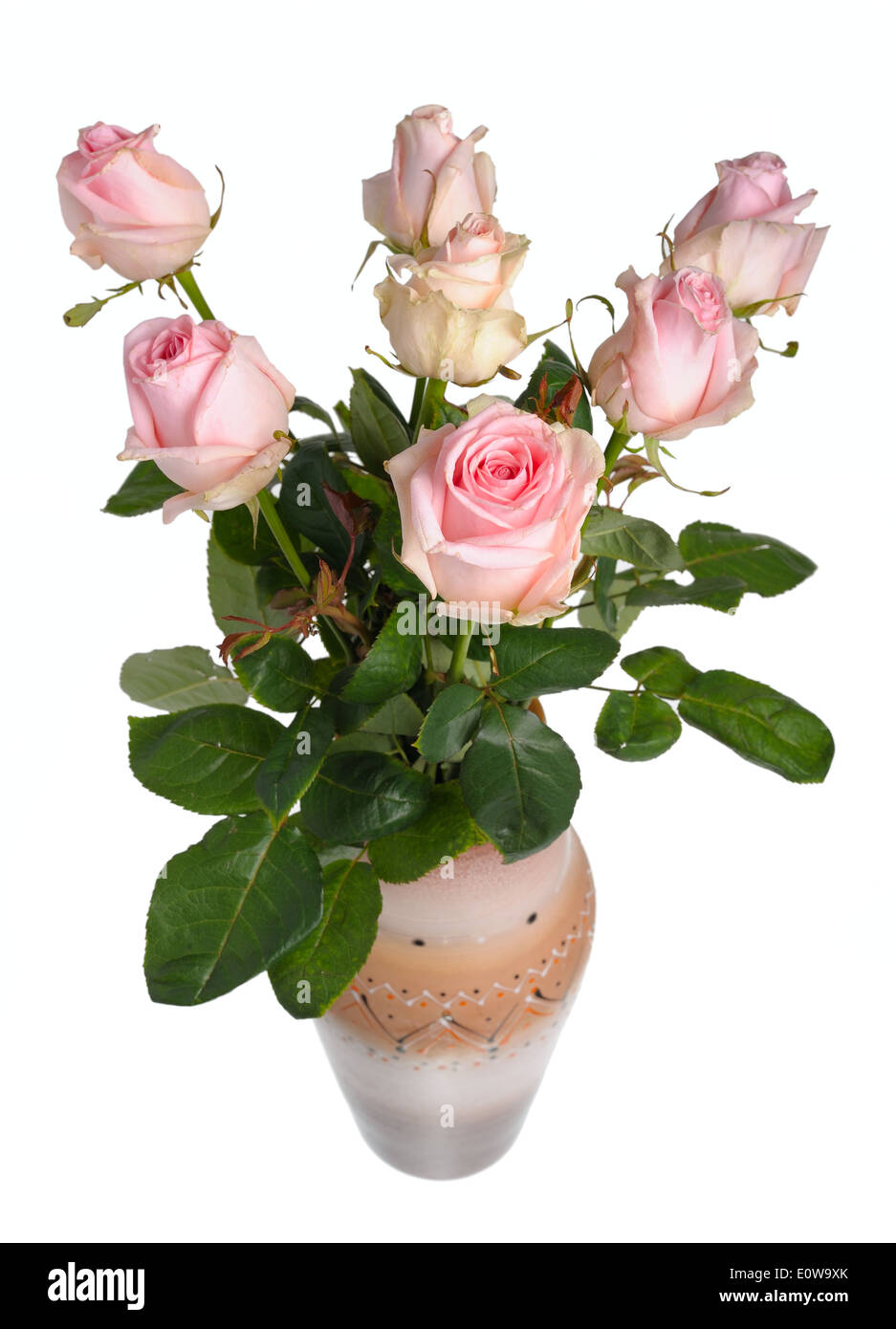 Strauß rosa Rosen in einer Keramikvase auf einem weißen Hintergrund isoliert Stockfoto