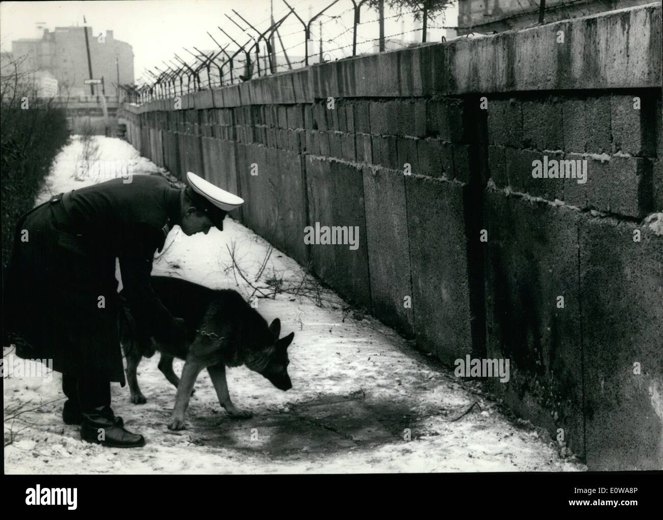 3. März 1962 - Sprengstoff versucht gegen die Mauer in Berlin.: heute in der Nacht unbekannte Menschen erzielt ein Sprengstoff versucht gegen die kommunistischen Wand im West-Berliner Viertel Kreuzberg. Die Mauer hat nur kleine tut weh aber eine Wohnung-Haus als nächstes in den Fenstern. Foto zeigt einer West - Berliner Polizisten mit seinem Service-Hund erkundigt sich den Ort der Explosion an der Wand der Kommunisten. Stockfoto
