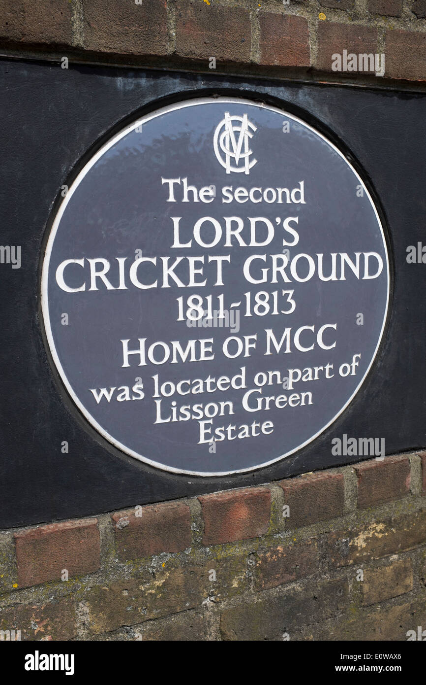 Zweite (2.) Lords Cricket Ground Plaque Lisson grün Immobilien London Stockfoto