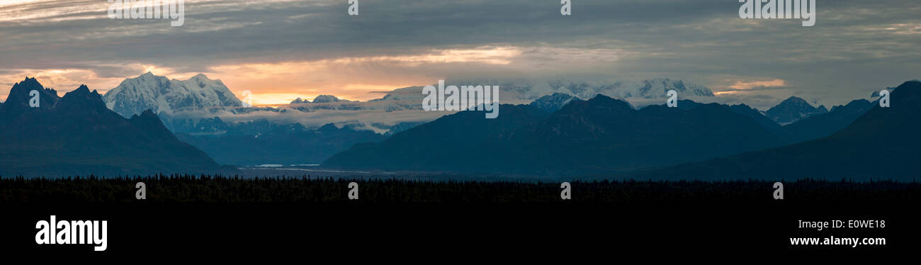 Panoramablick in den Abend, eine Bergkette mit Mt McKinley oder Denali, Alaska Range, Alaska, USA Stockfoto