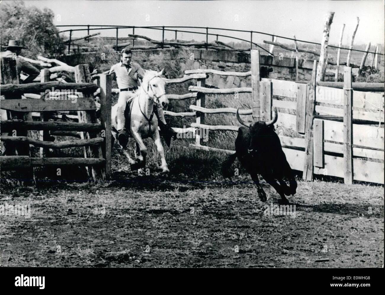 2. Februar 1963 - '' Gardian'' Johnny Hallyday... In Cam argumentieren, zwischen dem Teich von Vaccares und das Pet It-Rhone Frankreich Nummer eins Twister dreht sein ersten Bild einer '' Western'' unter der Leitung von Noel Howard mit dem Titel: '' D'ou Viens-Tu Johnny?'' Die Geschichte von einem Twist-Sänger fallen in den Händen von einigen gefährlichen Gangster... Foto zeigt Gordian kostümiert Johnny Hallyday verfolgt einen Stier. Stockfoto