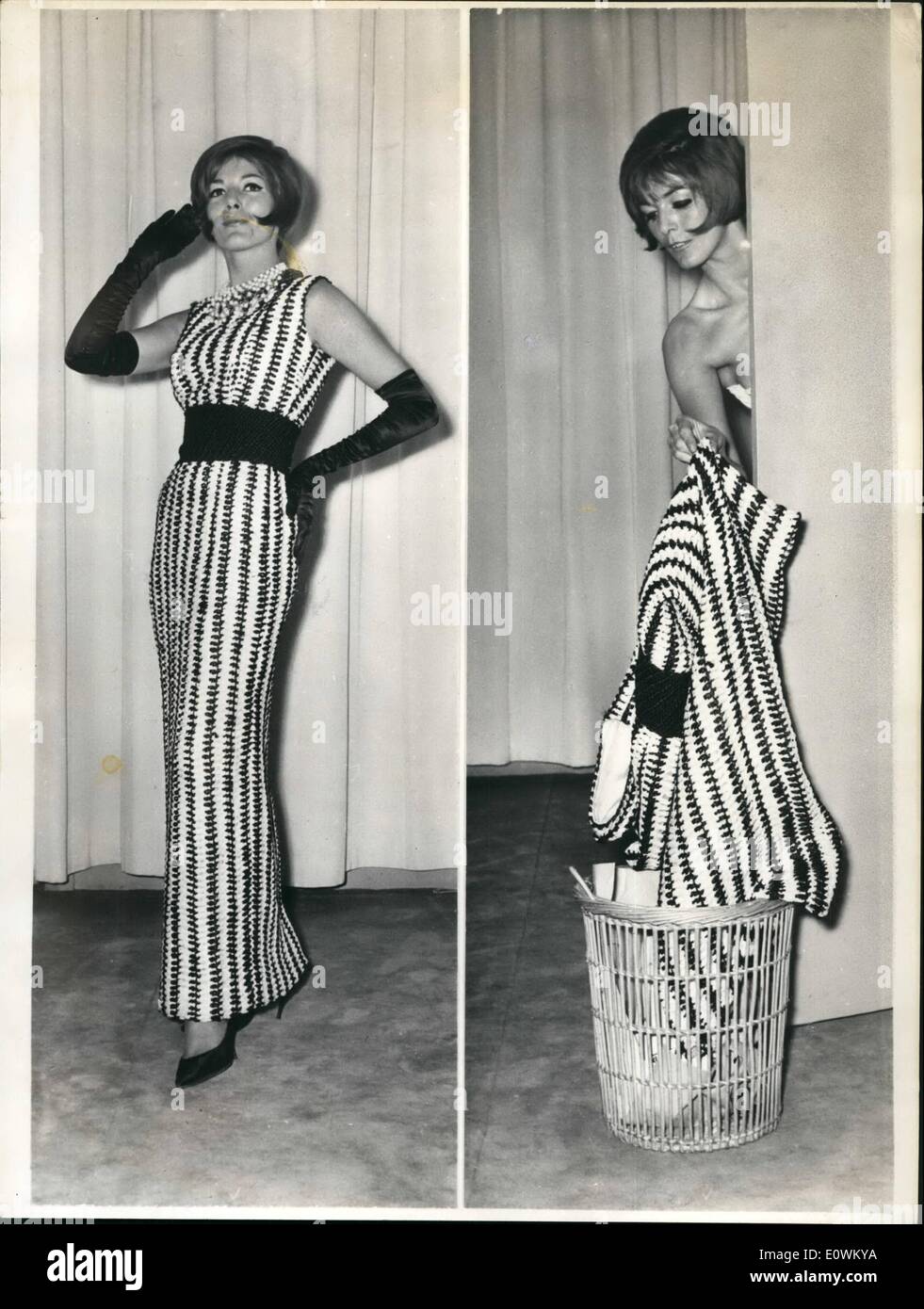 5. Mai 1963 - Dies ist ein Abend Kleid. Deutscher Ursprung Modedesigner wirst Yorn in Paris eröffnet am Abend Markt werfen Edelsteine die nach einem Einsatz Cam werden verbrannt oder '' geworfen '' einen Weg in den Papierkorb. Es ist wahr, dass diese Kleider aus Papier-Zeichenfolge bestehen. Foto zeigt '' mein Kleid... Ach, ich nur warf ihn weg. Stockfoto