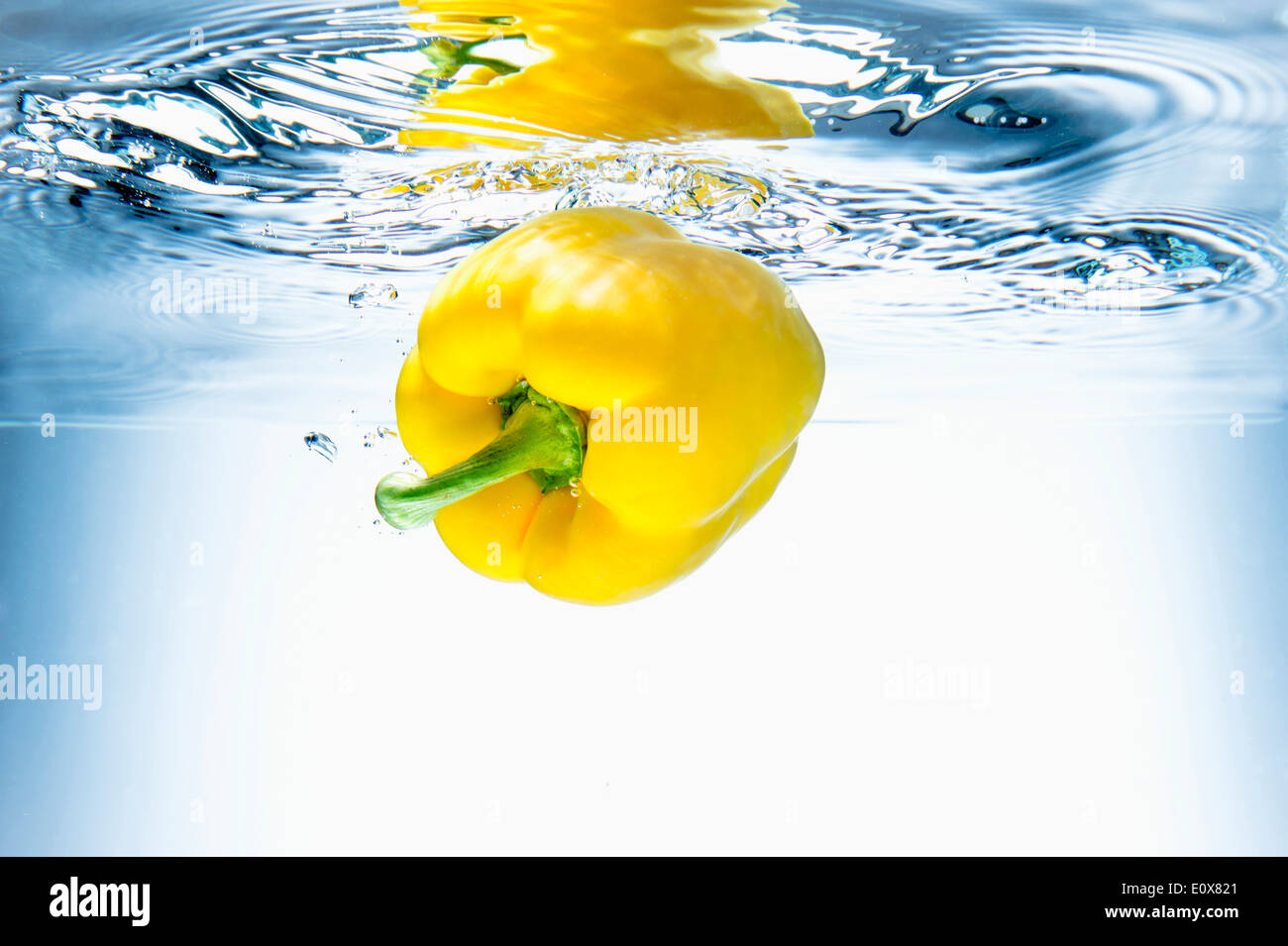 eine gelbe Paprika ins Wasser fallen Stockfoto