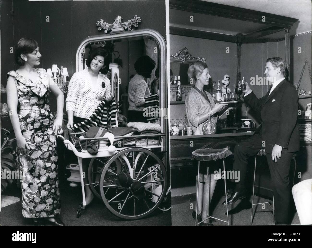 Sept. 09, 1965 - Mode und Cognac: präsentiert einen Frankfurt-Shop für seine Kunden. Der Eigentümer verwendet die '' einkaufen-Mattigkeit '' der Männer für ihre Idee. Wie bekannt, gerne Männer nicht einkaufen gehen. Dieses Problem wurde nun behoben. Während '' sie '' kann im Obergeschoss sorgfältig anprobieren und wählen Sie Kleider, rauchen Zigaretten und nehmen Sie einen Drink - als leidenden Menschen natürlich ohne dafür zu bezahlen. Stockfoto