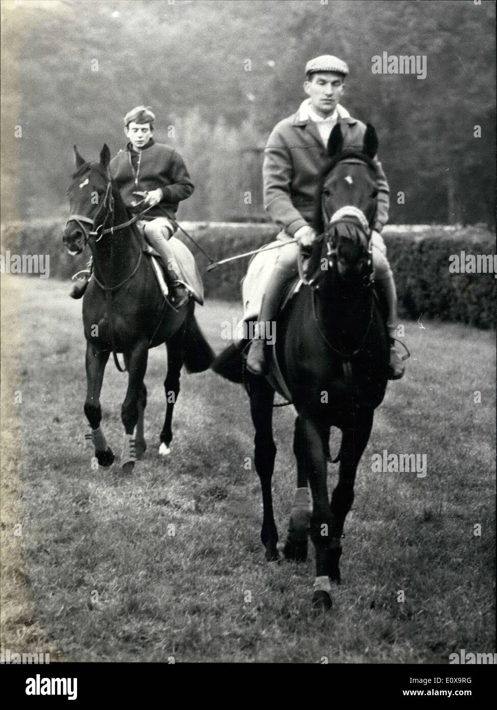 10. Oktober 1965 - englische Pferde In Arc De Triomphe Rennen: Die beiden englischen Pferde Occidium (Vorder- und Doderini für den Prix De l ' Arc Den Triomphe abgebildet bei Longochamp heute Morgen beschäftigt. Stockfoto
