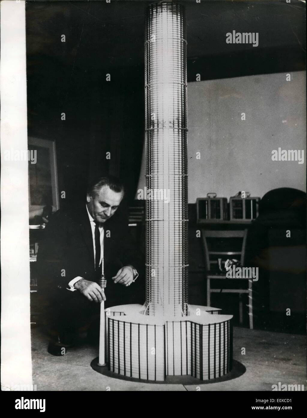4. April 1966 - hoch In den Himmel - ein Architekten-Lieblings-Projekt: das Lieblingsprojekt der 53-jährige Berliner Architekten Robert Gabriel ist gigantischen Turm aus Stahl und Licht Metall, wo 25.000 Menschen leben und arbeiten. Der Turm wird 356 Böden, werden 27 Werften in Durchmesser und hohe 1.125 Werften. In der Basis des Turms, die 57 Yards Durchmesser und 72 Yards hoch sein wird, werden Geschäfte, Schulen und Kinos. Es werden auch eine Geschäfte, Schulen und Kinos. Darüber hinaus wird ein Theater für die Bewohner des Gebäudes Stockfoto