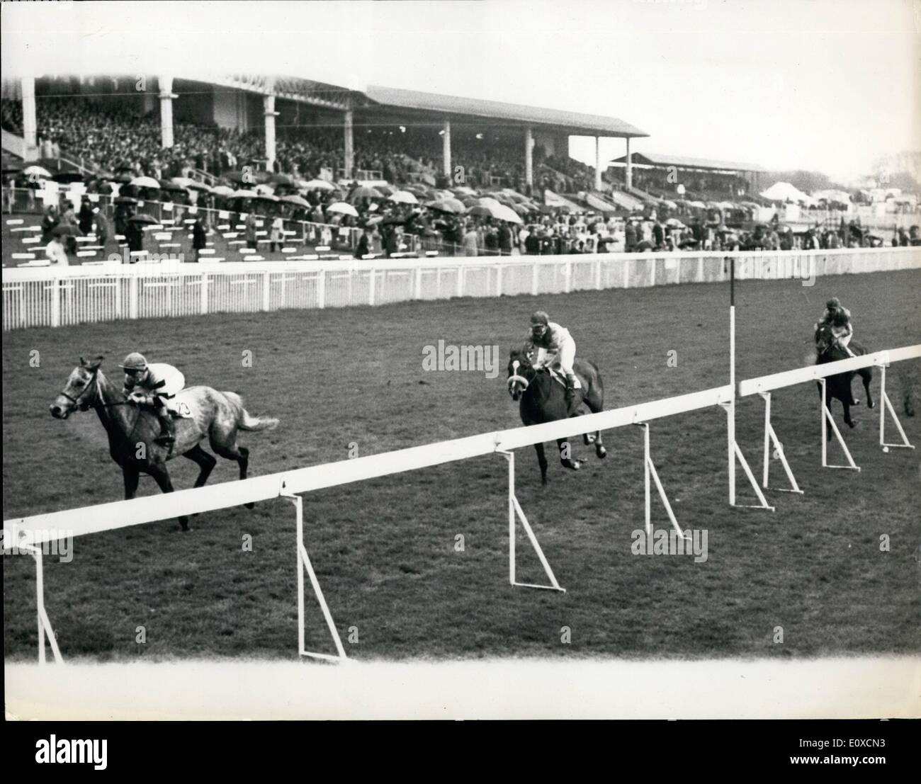 4. April 1966 - Racing in Epsom große Metropolitan: Foto zeigt das Ende der großen Metropolitan Handicap, in Epsom heute - gewonnen durch Cullen (F. Nesse); mit Gypsy Refrain (m.l. Thomas), 2., und Oberst Imp (C. Gissing), 3. Platz. Stockfoto