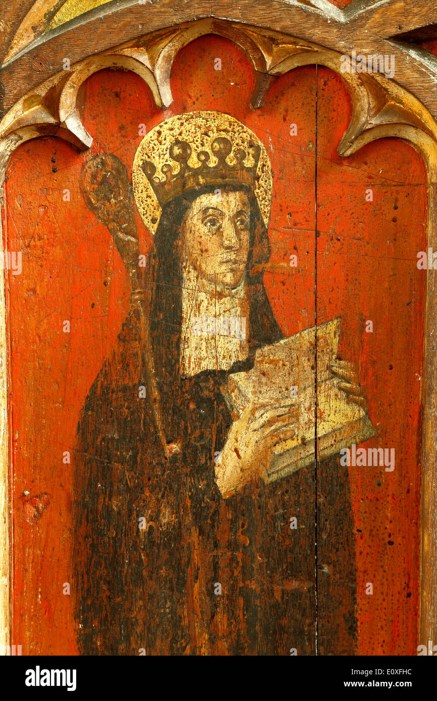 St. Etheldreda, mittelalterliche Lettner, Malerei, 1500, North Tuddenham, Norfolk. Heilige, Äbtissin, Queen of East Anglia Heiligen Stockfoto St. Etheldreda, mittelalterliche Lettner, Malerei, 1500, North Tuddenham, Norfolk. Heilige, Äbtissin, Queen of East Anglia Heiligen Stockfoto