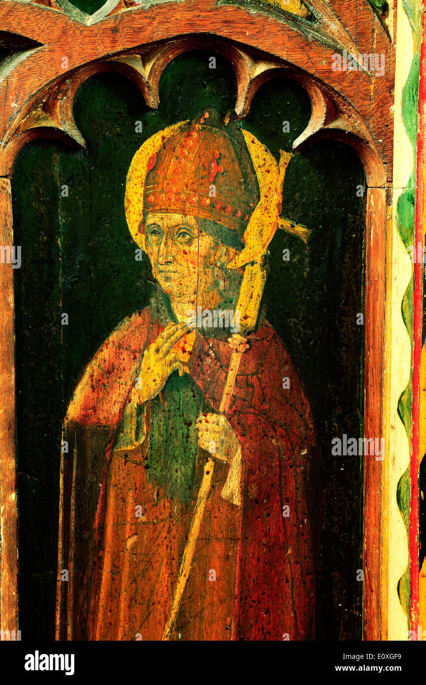 Papst Gregor, Lettner, Malerei, 1500, North Tuddenham, Norfolk, einer der 4 lateinische Ärzte von der mittelalterlichen Kirche Stockfoto