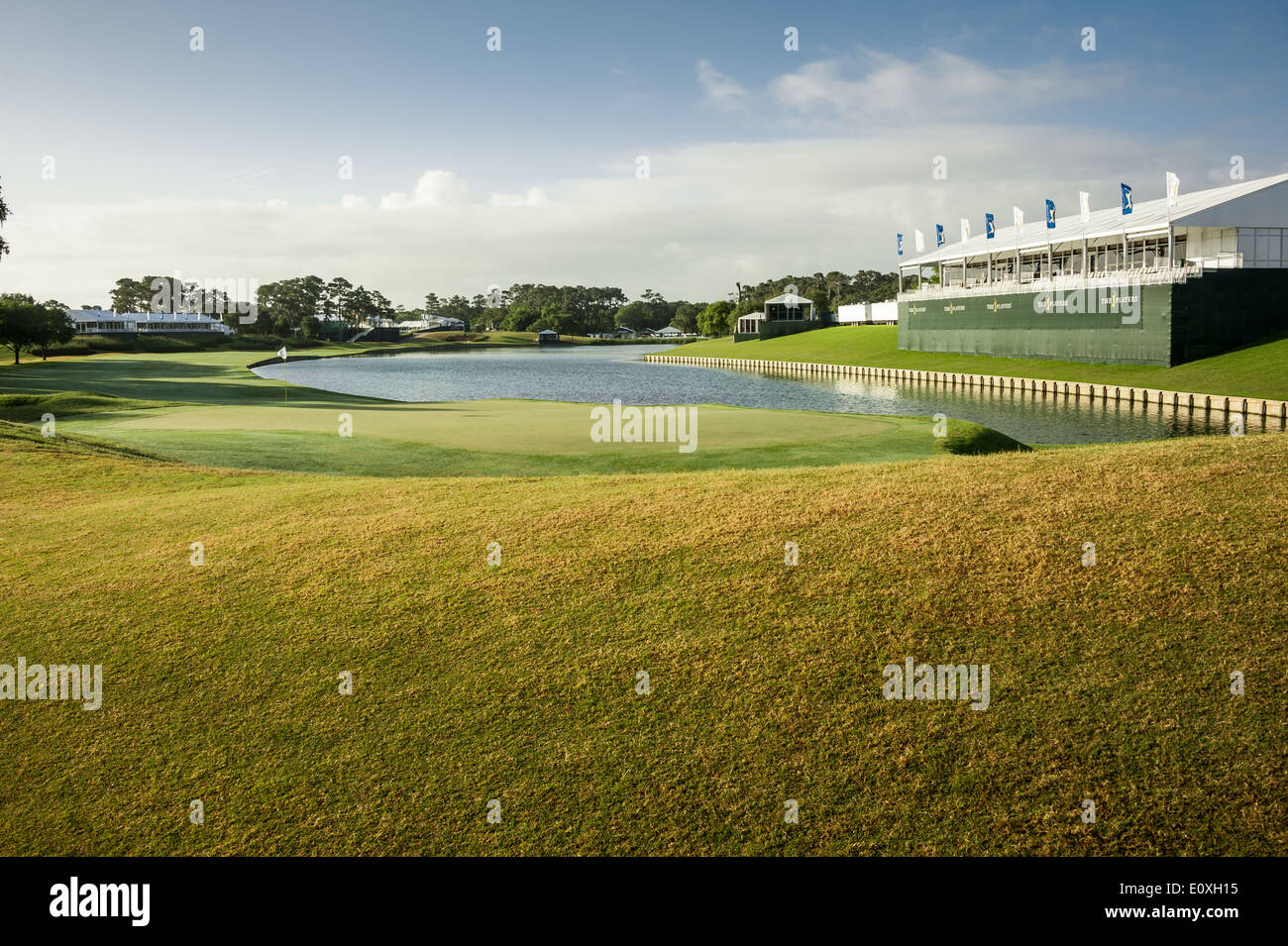 Am frühen Morgen Blick auf 18. Grün und die Spieler Turnier Bildfläche auf dem TPC Sawgrass Golfplatz in Ponte Vedra Beach, FL. Stockfoto