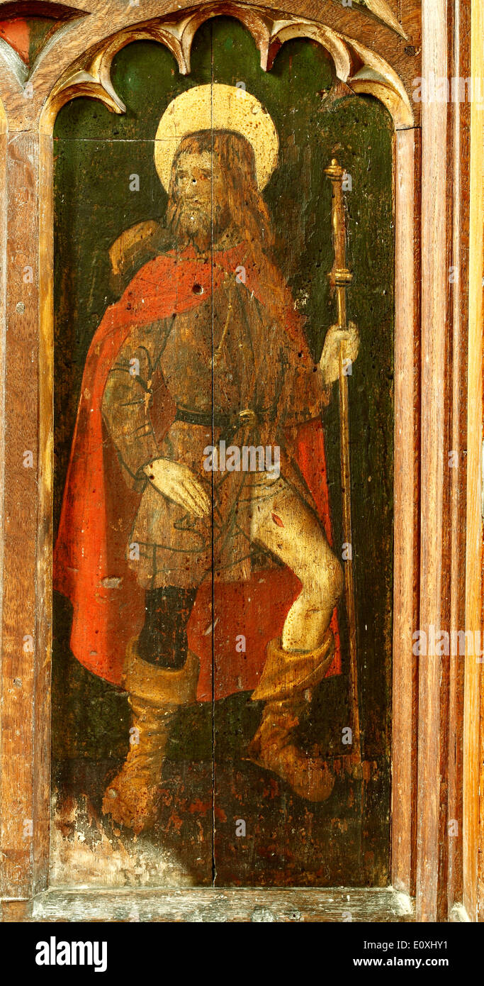 St. Roch, Lettner, Malerei, 1500, North Tuddenham, Norfolk. Plagen Sie Wunden am Bein. Auch bekannt als St. Roche, mittelalterliche Stockfoto