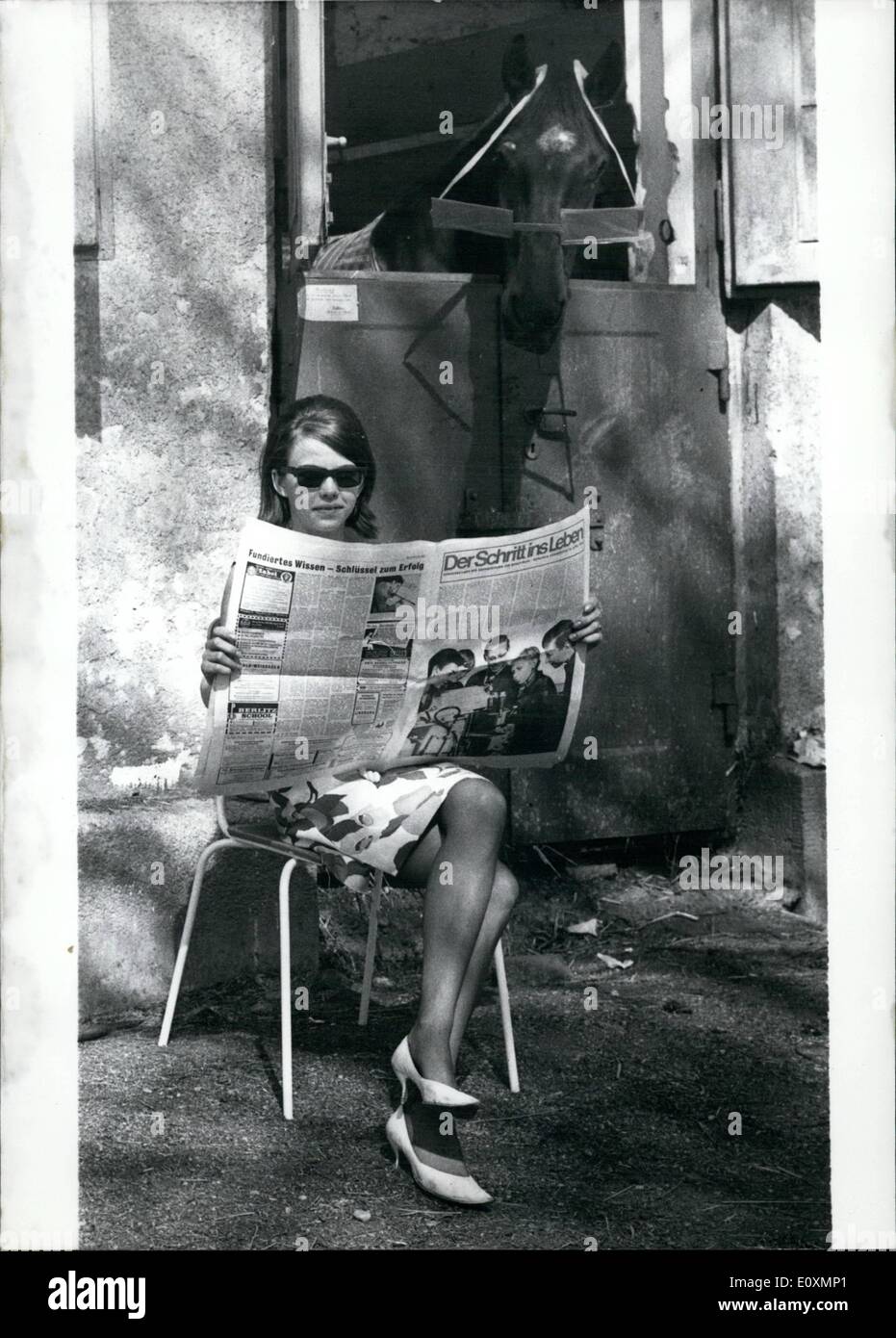 4. April 1967 - '' nichts Neues?...'' Das ist die Frage Rosalinde beschäftigt sich die Antwort zu finden, in den "neuesten Nachrichten", dass die junge Frau liest! '' Ach, so Black Horse hatte einen schlechten Start und Elena ist nicht ganz fit... hmm... dann kann ich am Sonntag eine Winne einfach wählen Stockfoto