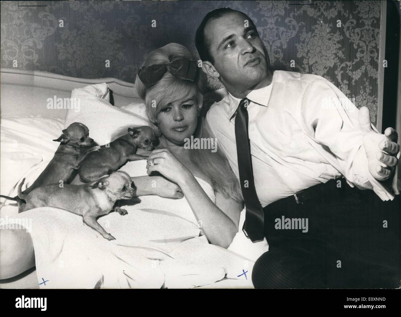 5. Mai 1967 - '' (Illegible)'' & ihre Eskorte Samuel Brody: '' (unleserlich)'' Kurve-Star aus Hollywood, kam als ein matt '' (Illegible)'' nach Deutschland um nehmen Pflege von der GI '' (Illegible)'', er sich selbst kümmern. Sie bekam ein Schmerz '' (Illegible)'' Usion des Blutes während ihres Auftritts in Wiesbaden und der Arzt verordnet ihr im Bett zu bleiben. Unser Foto zeigt, hat dieser kleine Vorfall nicht ihr traurig gemacht. Sie räkelt sich bequem über unter der weichen Federkissen und genießt die unerwartete Pause in ihrer tour Stockfoto