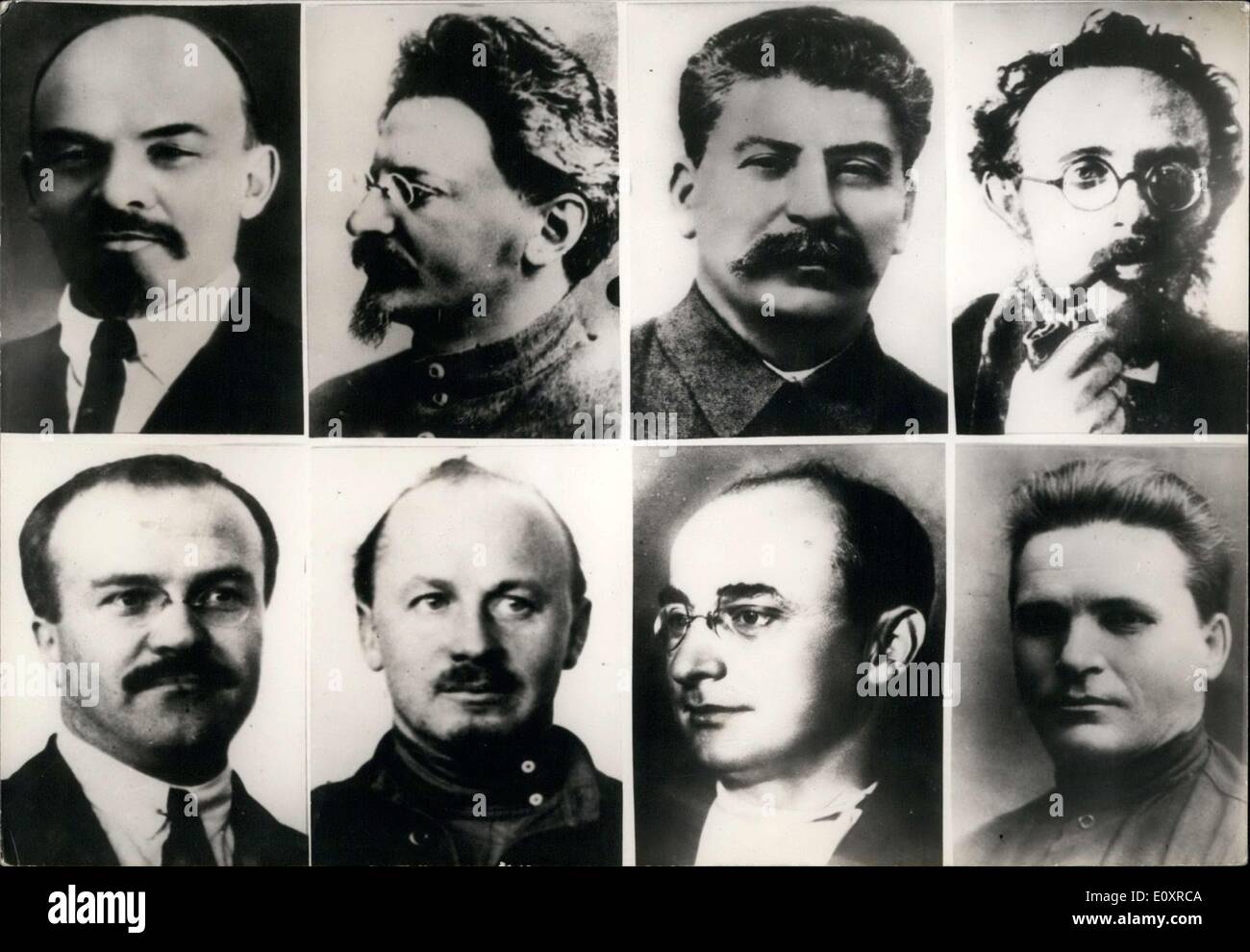 12. Oktober 1967 - von links nach rechts: Lenin, Trotzki, Stalin, Radek. Zweite Reihe: Molotow, Bcucharine, Berija, Kirow Stockfoto