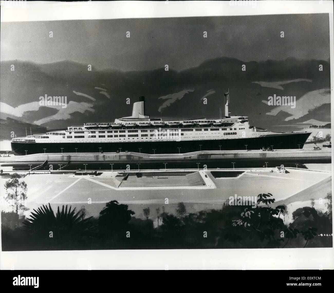 Sept. 09, 1967 - eine künstlerische Darstellung der neuen Cunard Liner Q-4: Künstlerin Laurence Bagley erfassen die Szene wie der neue Cunard Liner Q-4 aussehen wird, wie sie ihren Weg durch den Panama-Kanal, das größte Schiff der Welt in der Lage dazu Kanten. Sie wird auch er in der Lage, durch den Suez-Kanal passieren. Der Liner verriegelt und heute von der Königin in Clydebank benannt wird müssen Deck mehr Freiraum als andere Passagierschiff Stockfoto