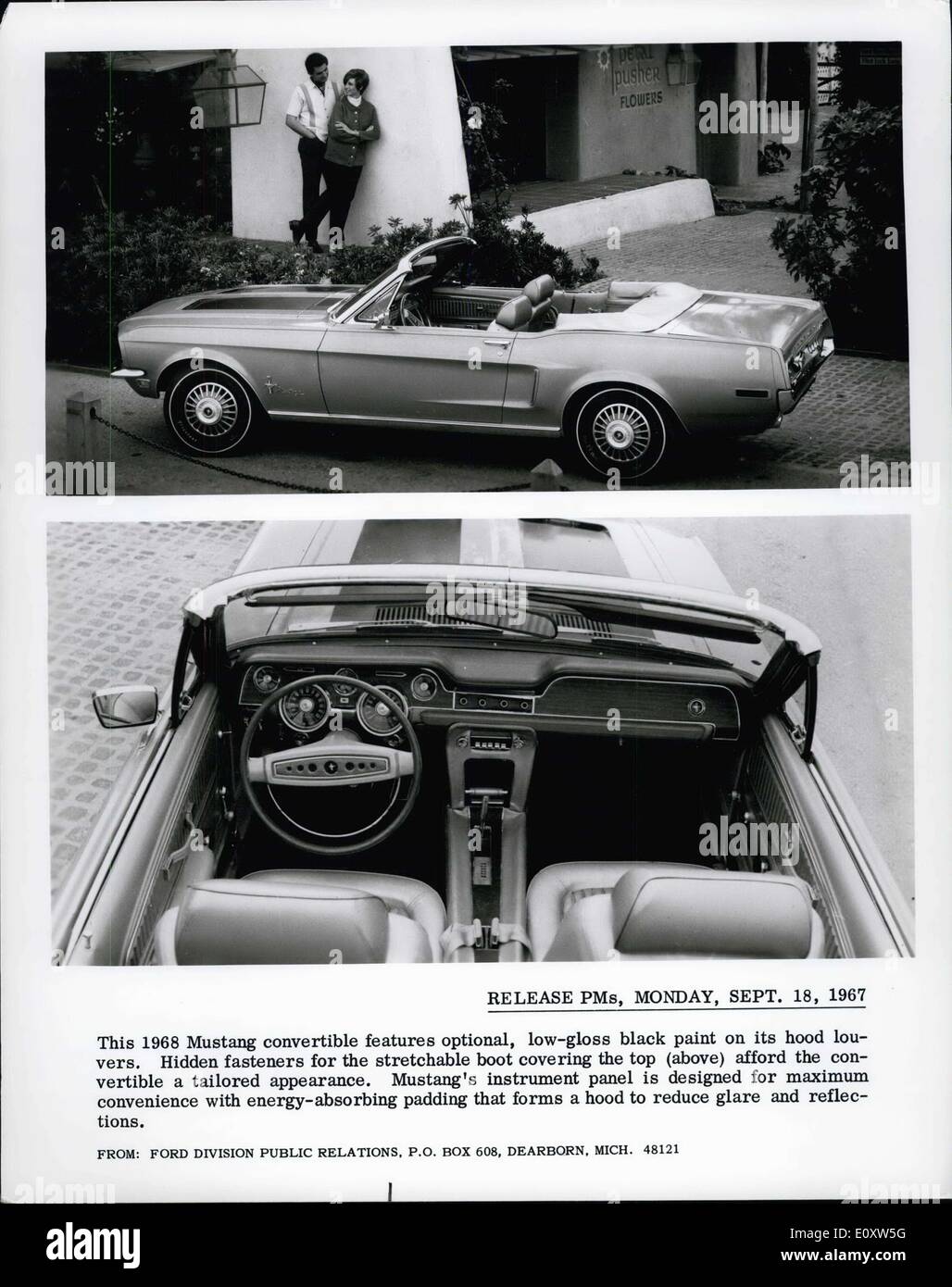 Sept. 18, 1967 - dieser 1968 Mustang Cabrio Funktionen optional,  Low-glänzende schwarze Farbe auf der Haube Lamellen. Unsichtbare  Befestigungen für dehnbare Kofferraum Abdeckung oben (siehe oben) leisten  dem Cabrio einen maßgeschneiderten auftritt.