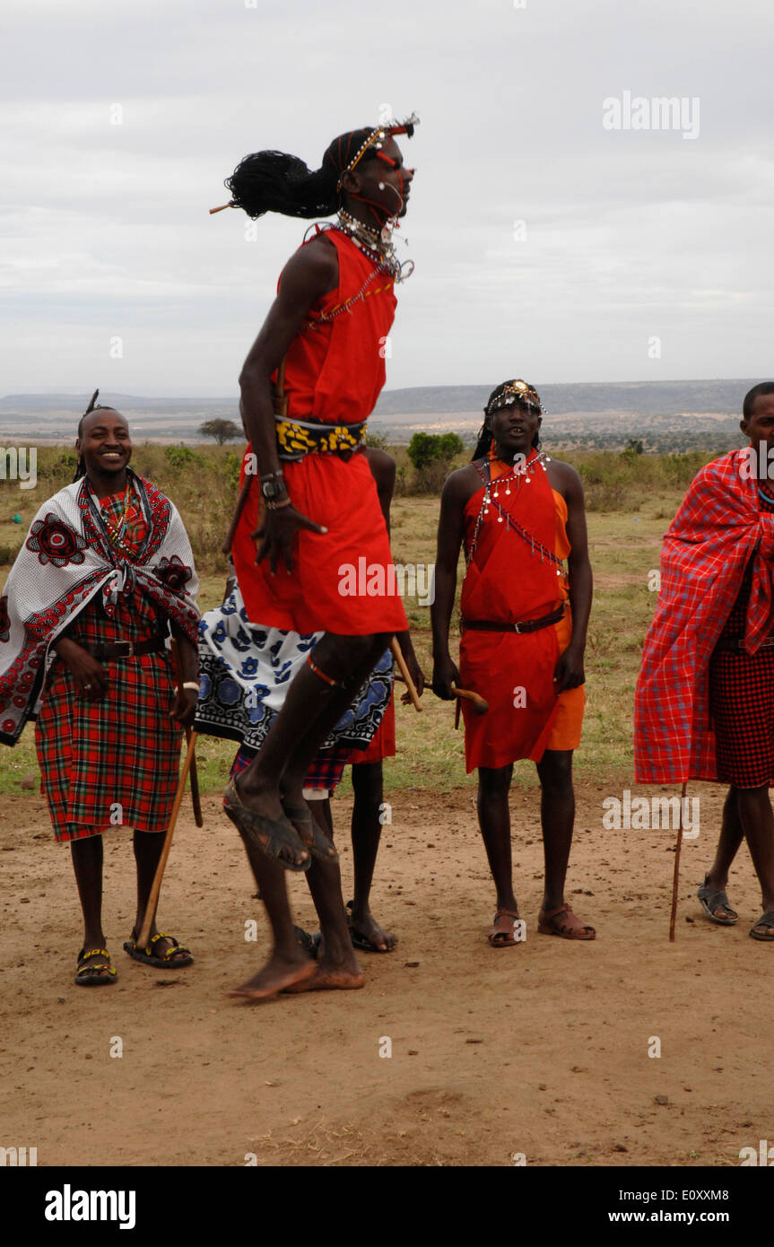 Maasai Masai Krieger zu springen, tanzen, Tracht Stockfoto