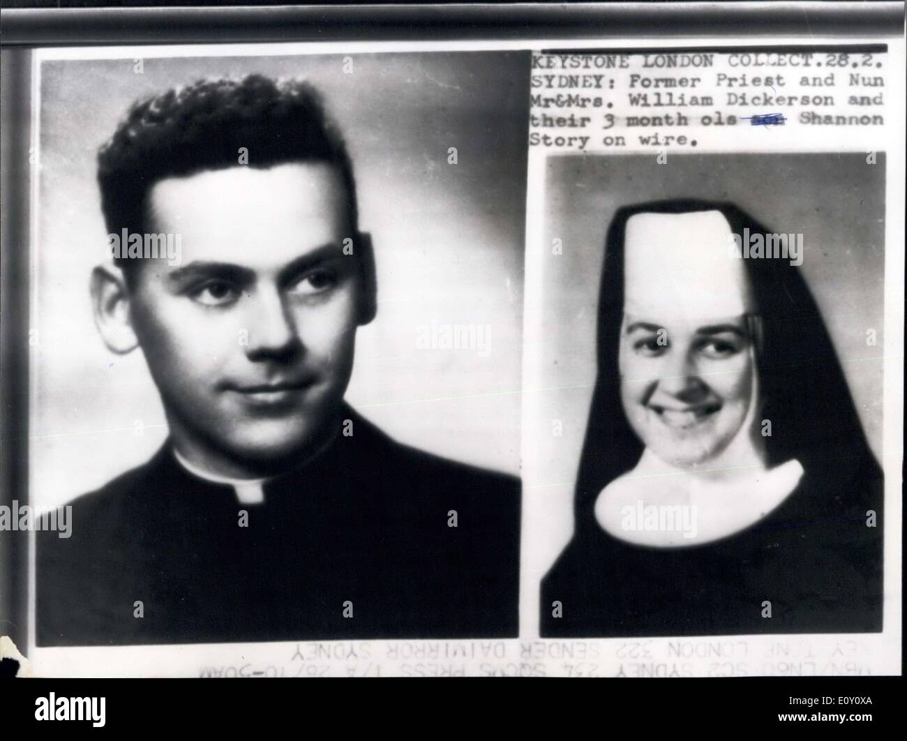 28. Februar 1968 - amerikanischen römisch-katholischen Priester jetzt verheiratet, ehemalige Nonne geht auf Fernsehen IN Support Of bewegt sich zu entspannen die Zölibat Gesetze der Kirche: Ein römisch-katholischer Priester, ging nun verheiratet mit einem Landwirt gestern Abend im nationalen Fernsehen zur Unterstützung bewegt den Cursor zum Zölibat Gesetze der Kirche zu entspannen. Der Priester, die aus den Vereinigten Staaten im Mai letzten Jahres nach Australien ausgewandert hat Berufung eingelegt, Tonne Rom, seine Ehe zu erkennen. Der Priester ist Dr.William Dickerson, 47, lebt zusammen mit seiner attraktiven Frau, Sandra und drei Monate alte Tochter, Shanon, in Kröpfer Sydney Auburn von Denistone. Dr Stockfoto