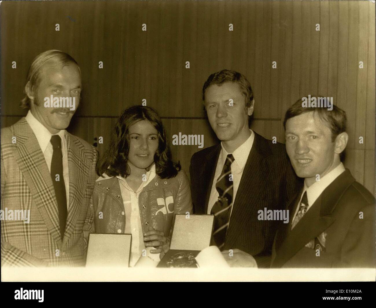 29. Mai 1973 - von links nach rechts: US-amerikanische Tennisspielerin, Stan Smith, französischen Skifahrer Pascale Tremoulet, deutsche Skifahrer Dieter Speer und spanischer Basketballspieler Emiliano Rodriguez. Stockfoto
