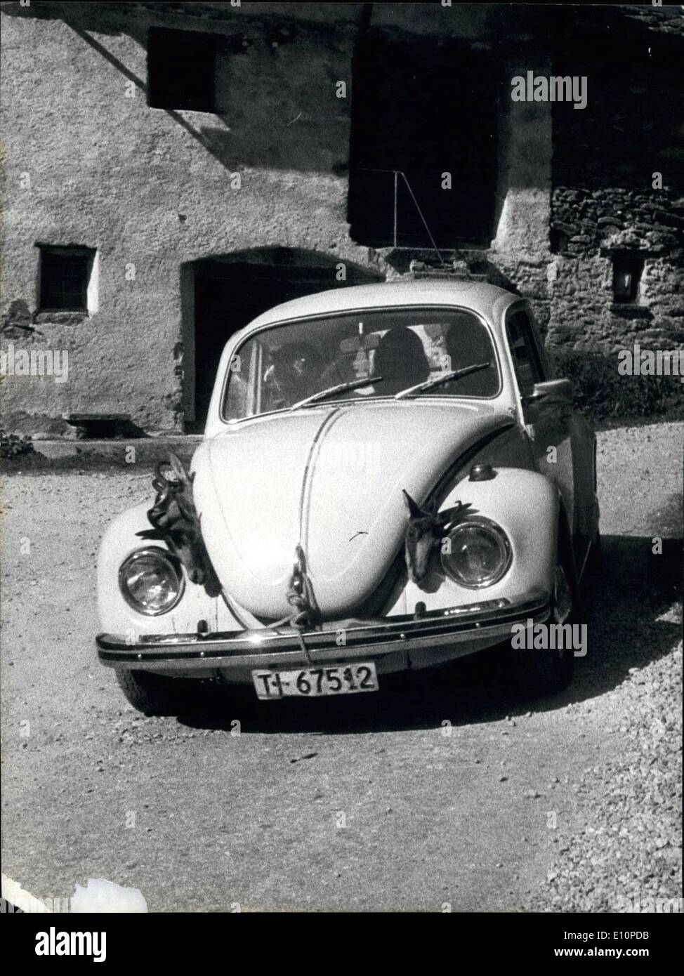 Sept. 09, 1973 - A Hunter Tranport: die große Jagd-Saison eröffnet in den Schweizer Alpen. Tausende von Jägern sind also in den Bergen die Aufnahme ihres Spiels, nicht immer mit Rücksicht auf die Fairplay-Regeln der Jagd klettern. Speziell auf wie das erlegte Wild oft transportiert wird bietet schlechte Bilder wie dieses in einem Tal des Kantons Tessin, wo Jäger ein geeignet Mittel, um den Schuss Gämsen im Tal stürzen nicht finden konnte. Stockfoto