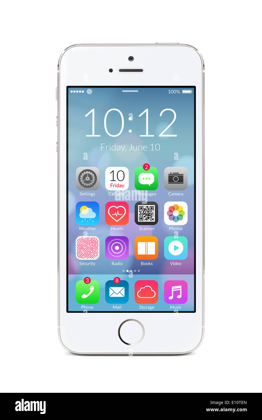 Direkt Vorderansicht weißen mobile smart phone mit flache Design-Applikations-Icons auf dem Bildschirm zu isoliert auf weißem Hintergrund. Stockfoto