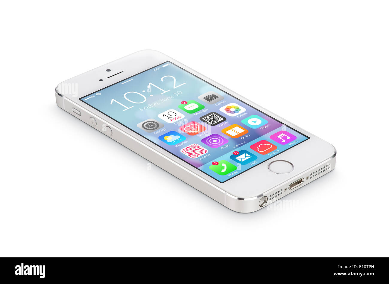 Weiße moderne Smartphone mit flachen Bauweise Applikations-Icons auf dem Bildschirm auf der Oberfläche liegt isoliert auf weißem Hintergrund. Stockfoto