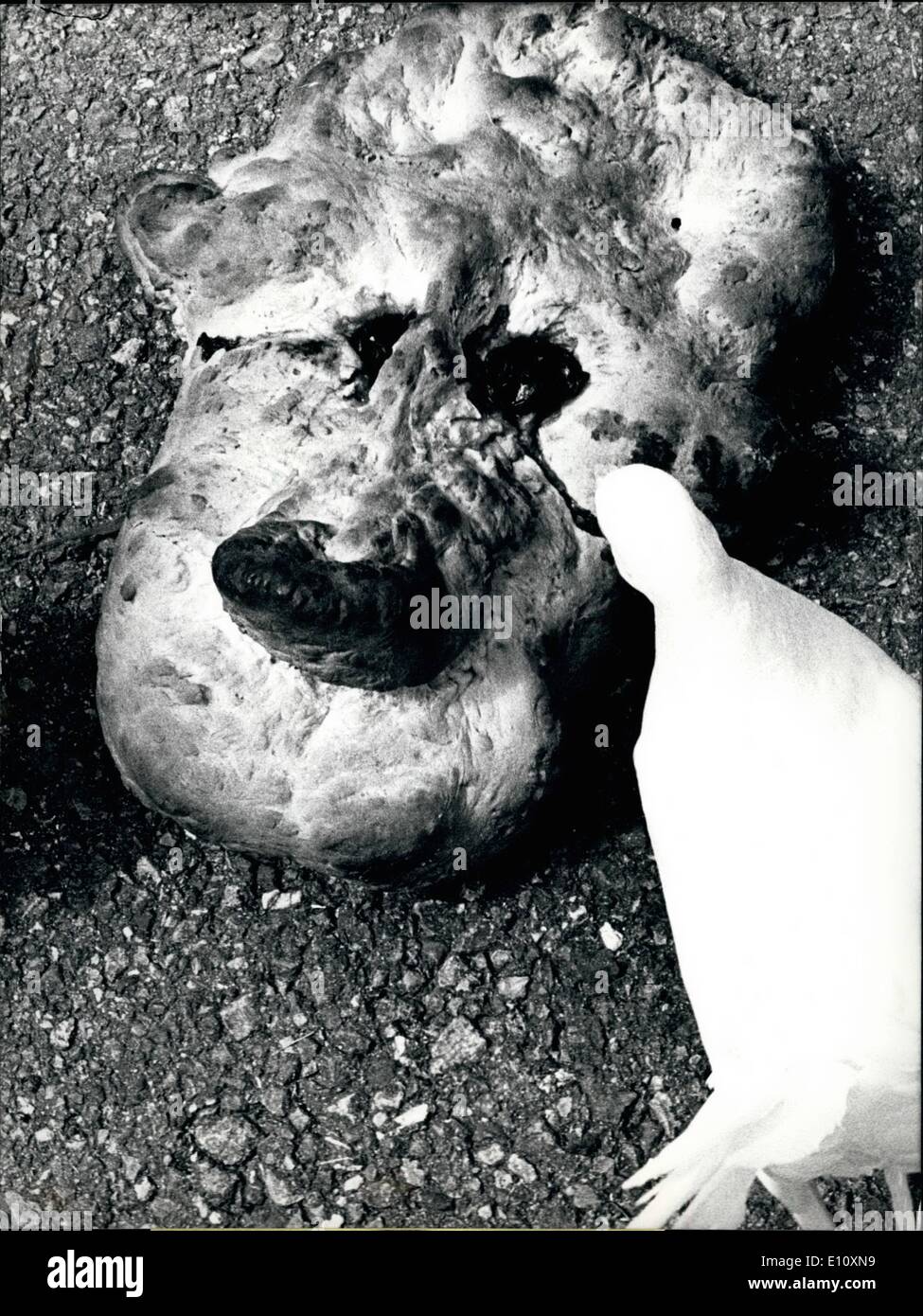 8. August 1974 - The Sweet Tears Of A gebacken Nixon den Rücktritt des ehemaligen US-Präsidenten Richard Nixon nicht nur verursacht große Kommentare in den Schweizer Zeitungen sondern verursachte mehrere Menschen, sogar Künstler, dieses politische Ereignis in einem Weg oder einem anderen zu verewigen. Eine Künstler in Zürich zum Beispiel Nixons Gesicht in gut geformten Teig gemacht und '' gebacken, mit süßen Augen und Tränen aus Marmelade. Die Tauben sind offenbar sehr scharf auf die süße Tränen des gefallenen Präsidenten. Keystone Zürich 08.12.74 Stockfoto