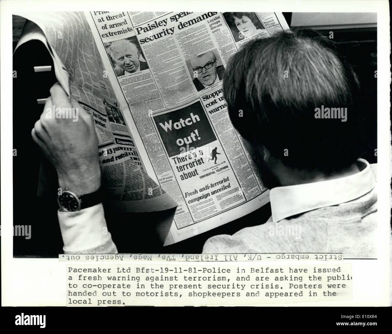 8. August 1974 - Schrittmacher Ltd Bfst-19-11-81Police in Belfast haben eine frische Warnung gegen den Terrorismus und fordern die Öffentlichkeit, in der gegenwärtigen Sicherheitskrise zusammenzuarbeiten. Plakate waren Autofahrer, Ladenbesitzer zur Verfügung gestellt und in der lokalen Presse erschienen. Stockfoto