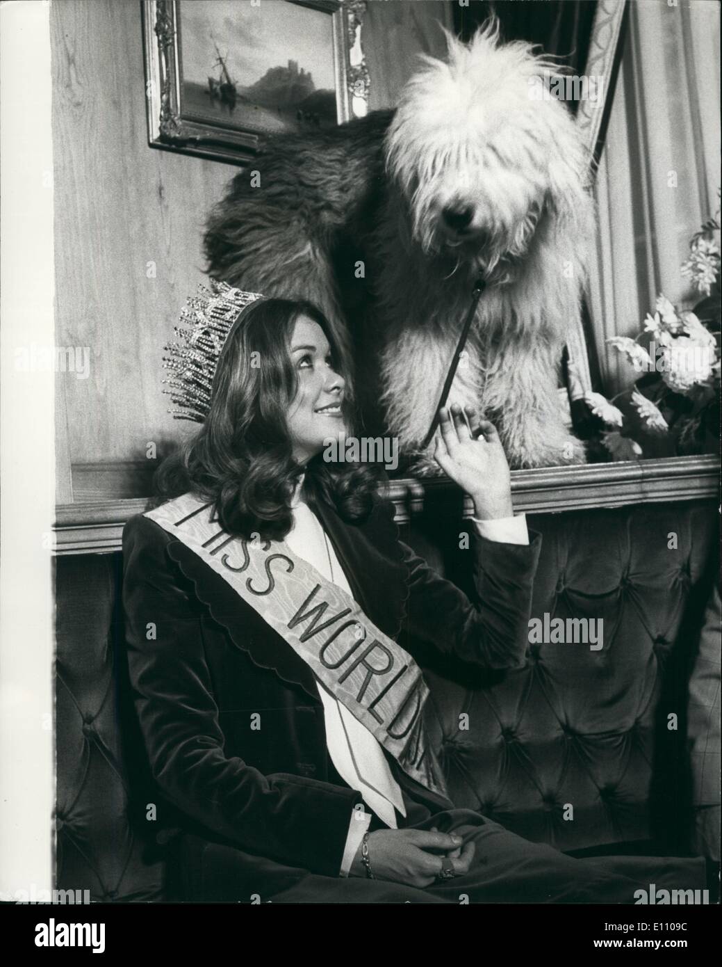 11. November 1974 - Miss United Kingdom ist Miss World 74: 22 Jahre alten unverheirateten Mutter, Helen Morgan, ein freischaffender Modell von Barry, Glamorgan, als Miss Großbritannien gestern Abend gewann den Titel der Miss World 74, in der Royal Albert Hall, London. Foto zeigt Helen Morgan Miss World mit Bumpy ein altenglischer Schäferhund im Britannia Hotel London heute anfreundet. Bumpy gehört zu Gast im Hotel. Stockfoto