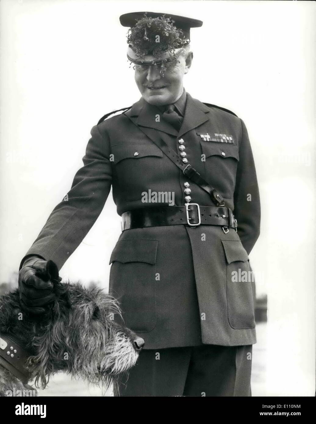 3. März 1975 - St. Patricks Day Parade in Pirbright: irische Gardisten, serviert im Vereinigten Königreich, feierte heute St. Patricks Day an der Wachen Depot, Pirbright, Surrey. Die Oberst des Regiments, General Sir Basil Eugster, nahm den Gruß und Shamrock Irish Gardisten, alte Kameraden und auch Fionn, das Regiments Maskottchen vorgestellt. Das Foto zeigt General Sir. Fionn, den Irish Wolfhound Regiments Maskottchen, bei heutigen Parade präsentiert Basil Eugster, Shamrock. Stockfoto