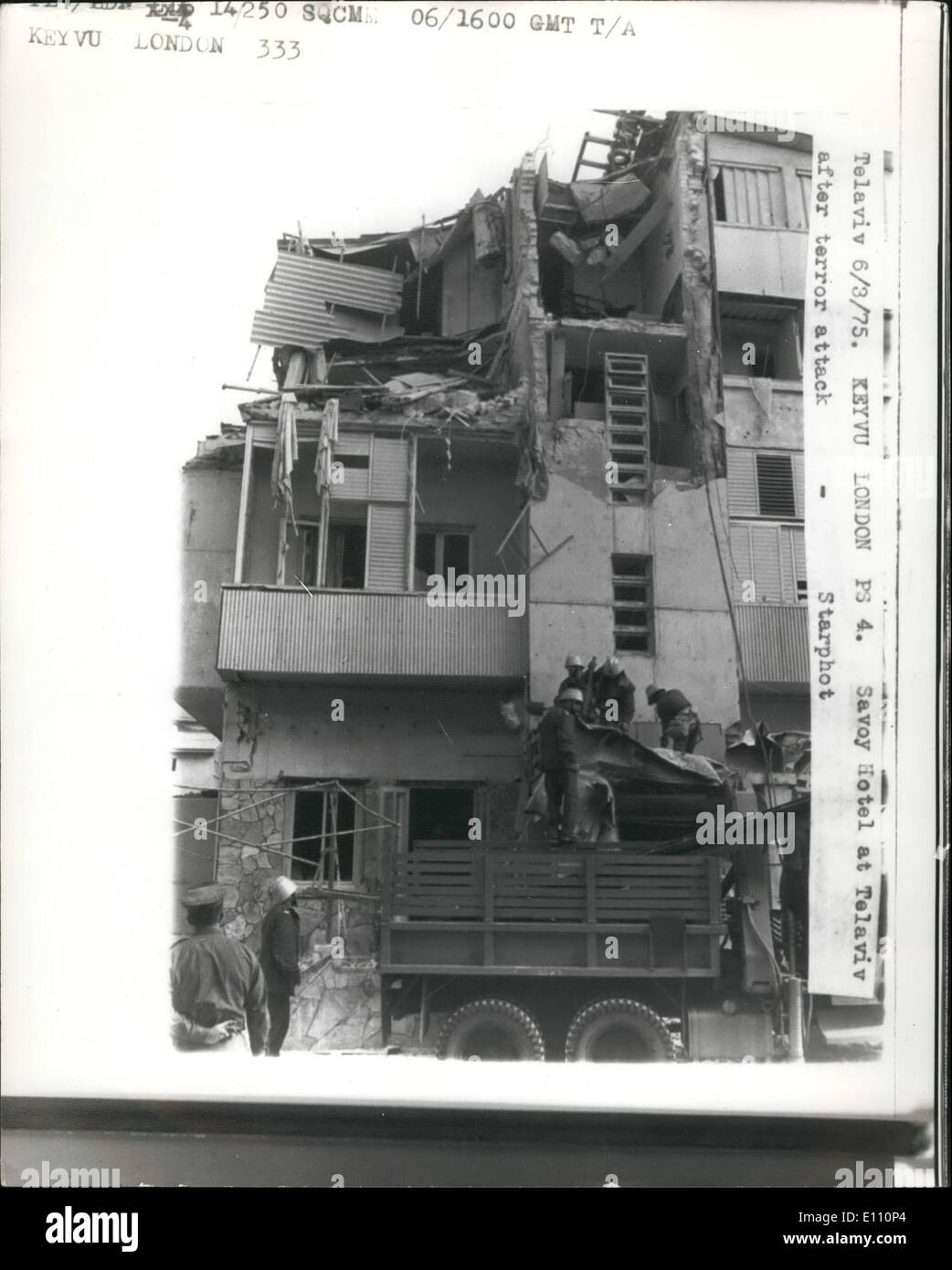 3. März 1975 - Israel: Keyo London PS 4. Savoy Hotel in Telaviv nach Terror-Anschlag. ZUM Stockfoto